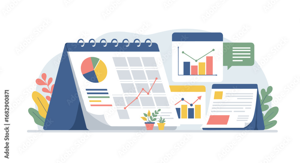 Poster modern data visualization with charts and calendar in flat design