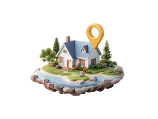 Real estate location, house with a map pin on a floating plot of land isolated on transparent background, Clipart png 
