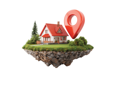 Real estate location, house with a map pin on a floating plot of land isolated on transparent background, Clipart png 
