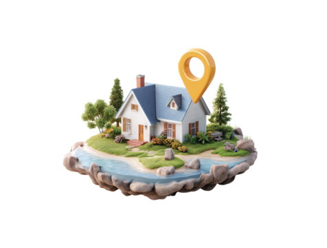 Real estate location, house with a map pin on a floating plot of land isolated on transparent background, Clipart png 
