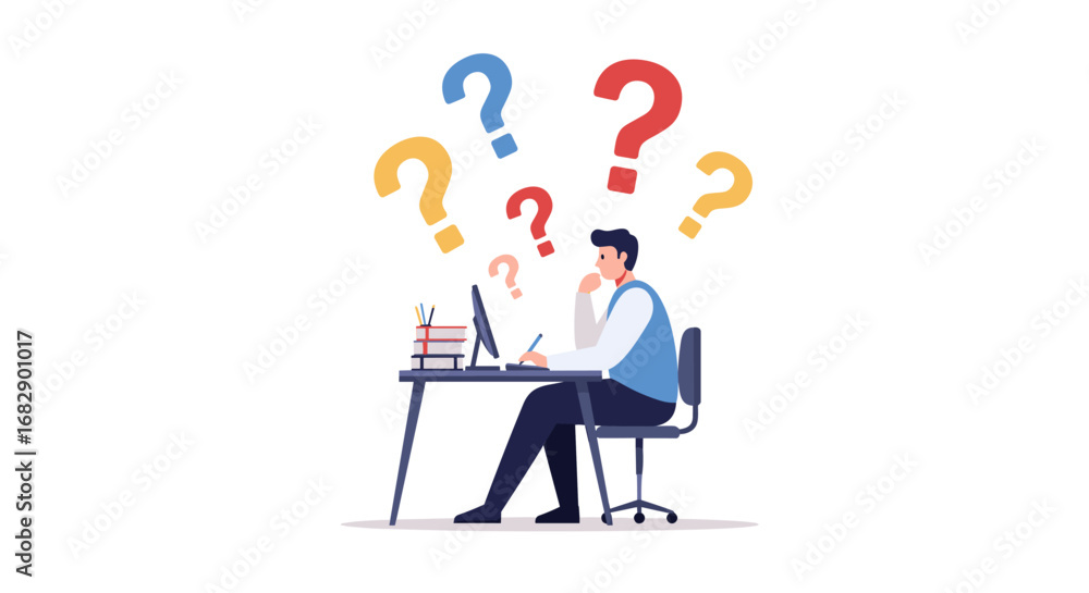 Poster confused office worker at desk with question marks around computer