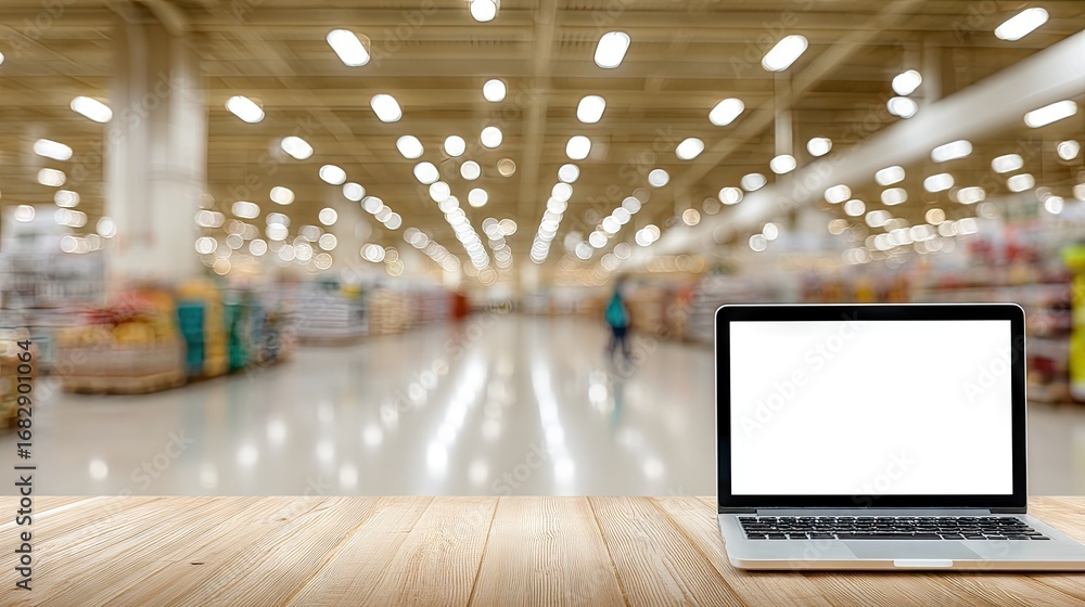 Poster workspace at a large retail store with a laptop on the counter and blurred shoppers in the backgroun