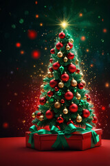 Festive Christmas tree with red ornaments and presents
