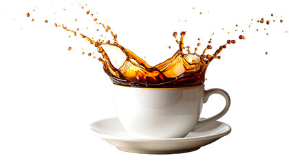 Liquid coffee wave splashing out from a white cup mug.