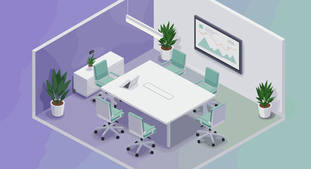 Modern isometric office meeting room with trendy furniture and technology