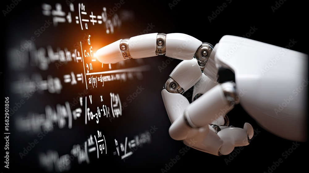 Poster robotic hand interacting with mathematical equations on a blackboard in a futuristic learning enviro