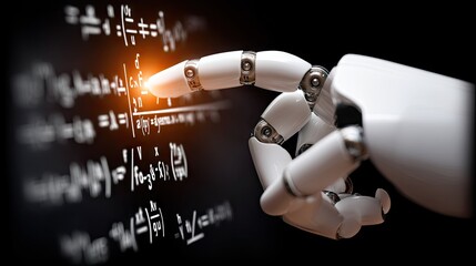 Robotic hand interacting with mathematical equations on a blackboard in a futuristic learning environment