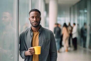 Confident young African American professional man standing in modern office hallway holding yellow coffee mug, looking at camera. Male employee or entrepreneur in casual clothes during work break.