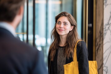 Smiling young woman in casual outfit with yellow bag greeting male colleague at office entrance. Friendly professional or job applicant arriving for meeting or first day at modern workplace.