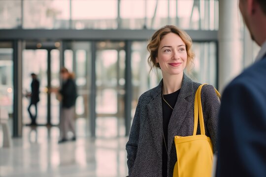 Smiling young woman in grey blazer and yellow tote bag greeting male colleague in bright modern office lobby. Confident professional arriving for meeting, job interview, or first day at new workplace.