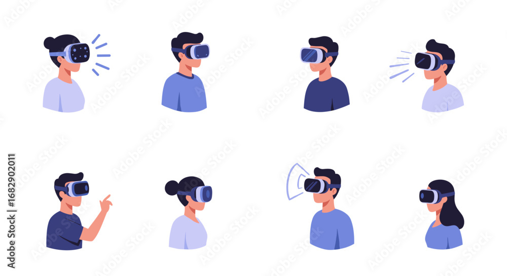 Poster diverse characters engaging with virtual reality headsets in minimalist style
