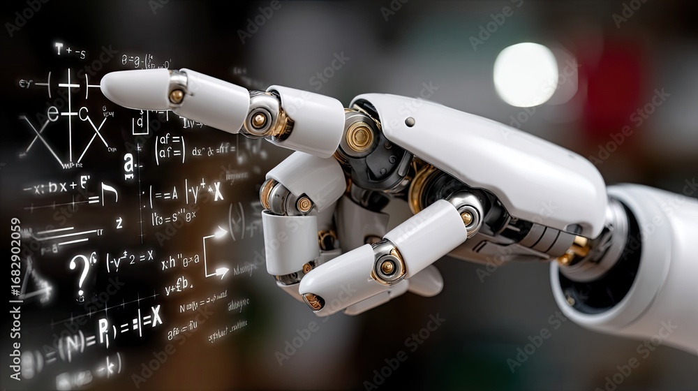 Poster robotic hand interacting with mathematical equations in a futuristic laboratory setting during dayli