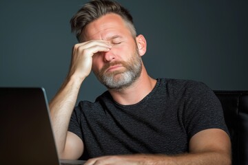 Stressed young professional man sitting at desk with laptop, touching face with hand and closing eyes in frustration. Tired male employee suffering from headache burnout fatigue during remote office w