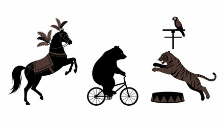 A stylized illustration depicts a circus horse adorned with feathers, a bear riding a bicycle, and a tiger leaping through a hoop with an eagle perched above.