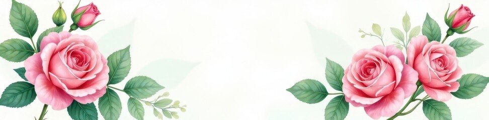 Delicate pink & green watercolor roses, lush leaves , summer, element