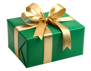 green gift box wrapped with gold bow and ribbon isolated on white background.