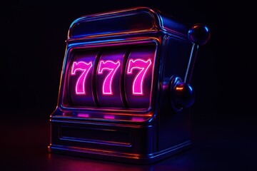 Vintage slot machine with neon pink 777 jackpot and chrome lever retro gambling
