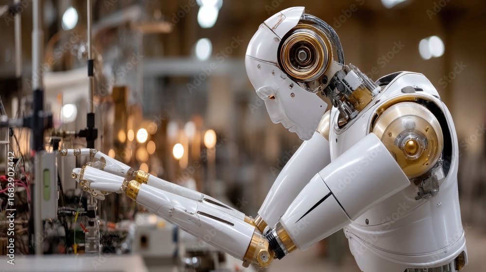 Poster robot working diligently to assemble machinery in a modern factory setting during daylight hours