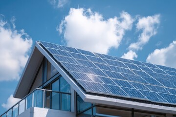 Fototapeta premium Modern house rooftop with shiny solar panels, blue sky with light clouds, eco friendly home concept.