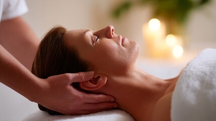A soothing spa experience captures relaxation and serenity in a tranquil setting. The image showcases a woman receiving a gentle neck massage. Ideal for wellness and healing purposes. AI