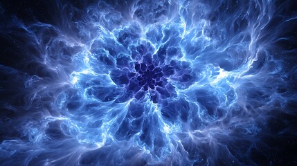 An abstract explosion of blue cosmic energy, resembling a nebula or quantum field, with fractal mechanics and glowing plasma.