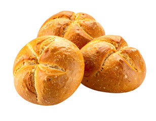 Crispy bread rolls isolated on white background. Fresh crispy bread rolls. Three bread rolls on white.