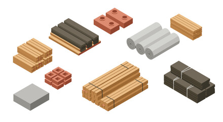 Isometric building materials collection: wood, bricks, and more for construction projects