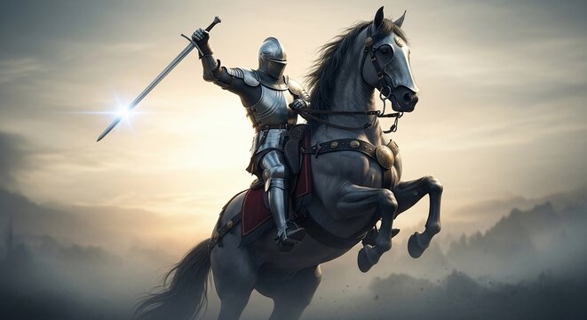 A valiant knight in shining armor charges on horseback, sword raised against a misty, dramatic sky.
