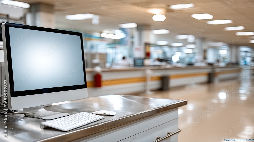 Poster modern workstation displayed in a spacious office setting with a focus on a computer and desk at day