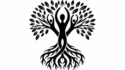 Silhouette of a tree with human figures integrated into the branches and roots in black and white style