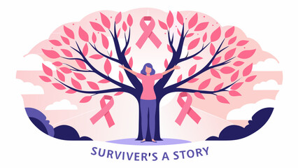 Woman stands with arms outstretched beneath a tree adorned with pink ribbons for breast cancer awareness silhouette