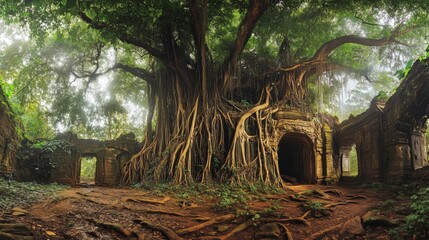 A magnificent ancient ruin, enveloped by a lush, verdant jungle, showcases the powerful embrace of nature reclaiming a forgotten past.