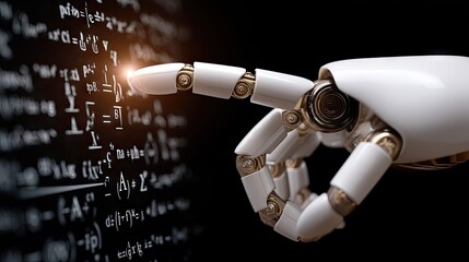 Robotic hand interacts with mathematical equations on a dark background during a demonstration of advanced technology in education