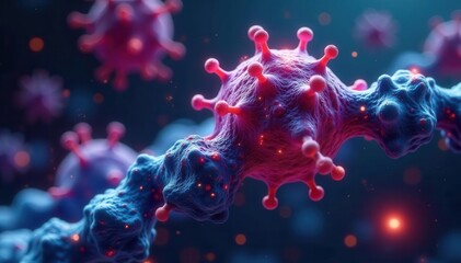 Obraz premium Microscopic view of molecules with overlaid AI network , nanotechnology, medicine, science