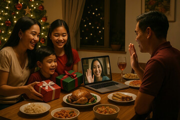 Family gathered for Christmas dinner with loved one joining via video call