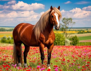 Obraz premium a horse stands in a field of flowers.