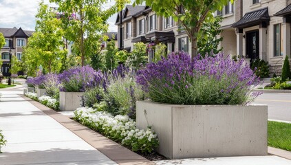 Obraz premium Sidewalk lined with lavender bushes and landscaped planters. Residential townhouses in the background