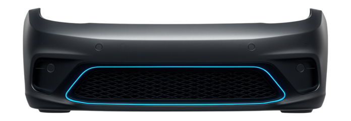 Front bumper with color-matched parking sensors and a central air dam
