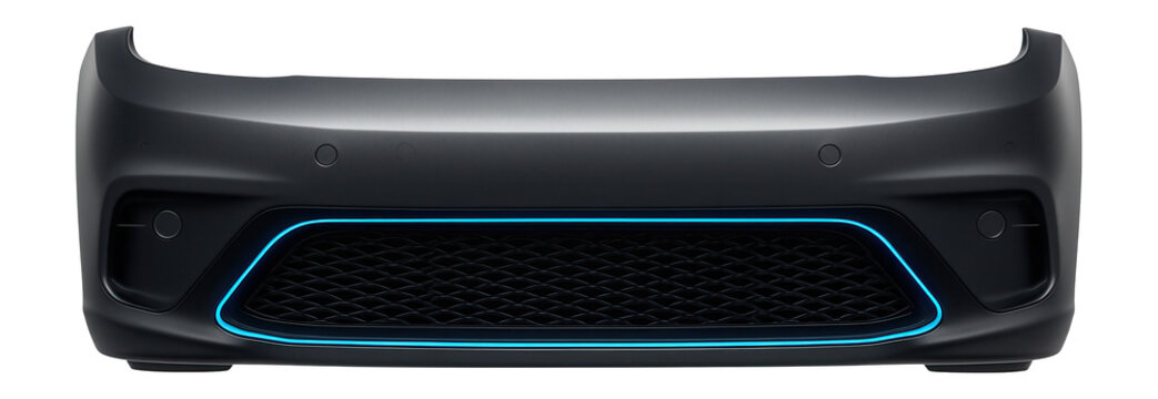 Front bumper with color-matched parking sensors and a central air dam