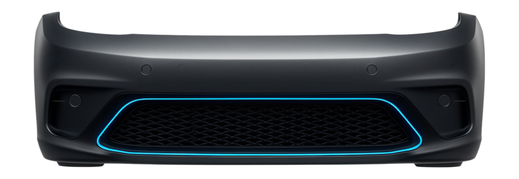 Front bumper with color-matched parking sensors and a central air dam