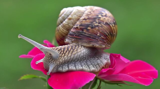 Close-up macro photography of a snail crawling on a pink flower with natural shell details