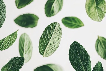 Vibrant green mint leaves float against a stark white backdrop, creating a refreshing, visually appealing pattern.  The leaves vary slightly in shade and orientation