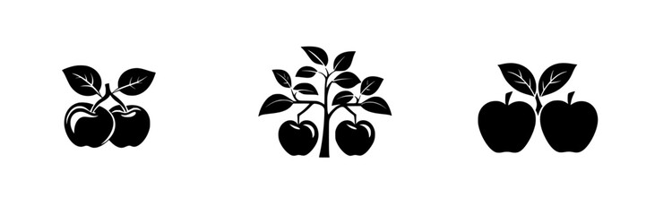 Minimalist black-and-white vector illustrations of apples and apple trees with simple silhouettes