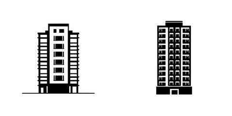 Minimalist vector illustration of two distinct black-and-white building silhouettes showcasing modern architectural design