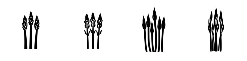 Minimalist black-and-white vector illustration of asparagus silhouettes in various arrangements