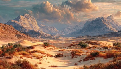 Desert mountain range panorama at sunset.  Vast sandy valley between majestic peaks.  Soft golden light bathes the scene.  Sparse vegetation clings to the dunes.  Clouds drift across a vibrant sky