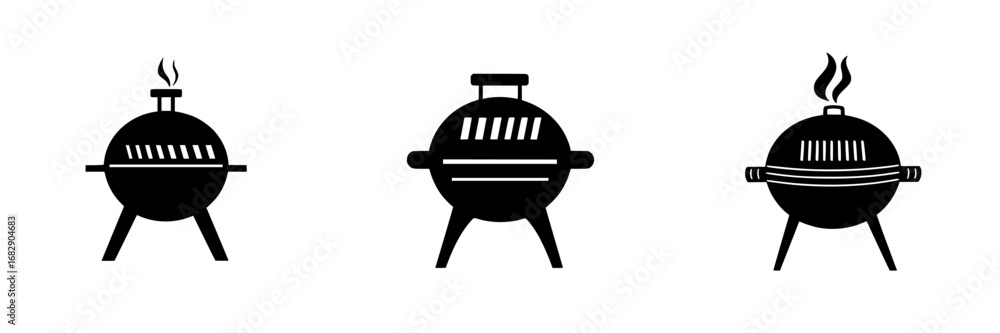 Poster grill designs displayed as minimalist black-and-white vector illustrations featuring three different