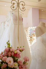 Wedding dress salon with decor and accessories. High-quality photo of wedding background