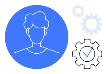Minimalist avatar in a blue circle, gears indicating process structure, checkmark symbolizing completion. Ideal for productivity, teamwork, profile management, organization, workflow, efficiency