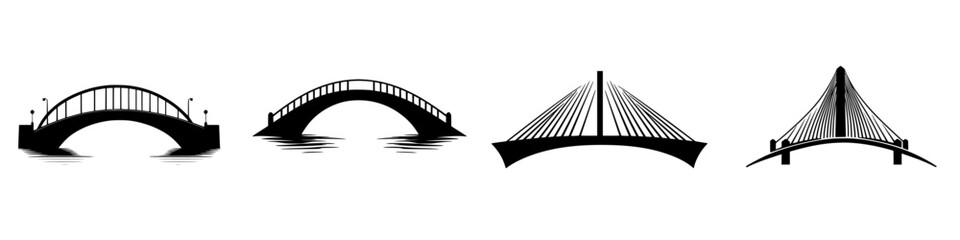Obraz premium Collection of minimalist black-and-white bridge silhouettes showcasing various designs in vector illustration style